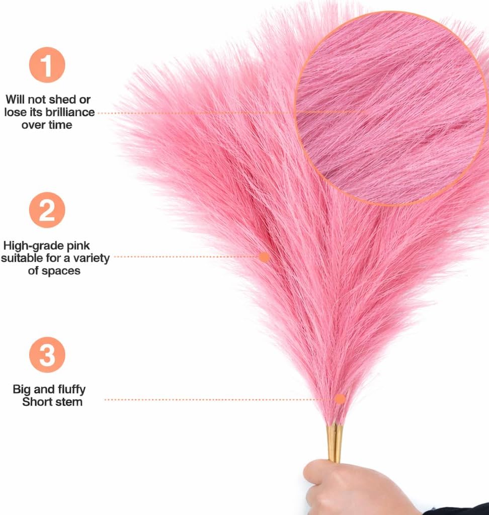 Faux Pampas Grass, 6 Stems Artificial Pampas Grass Decor Flurry Pompous Grass for Small Vase Boho Home Decor/Wedding Arrangements/Rustic Decor 18''/45cm (Pink, 18 in)