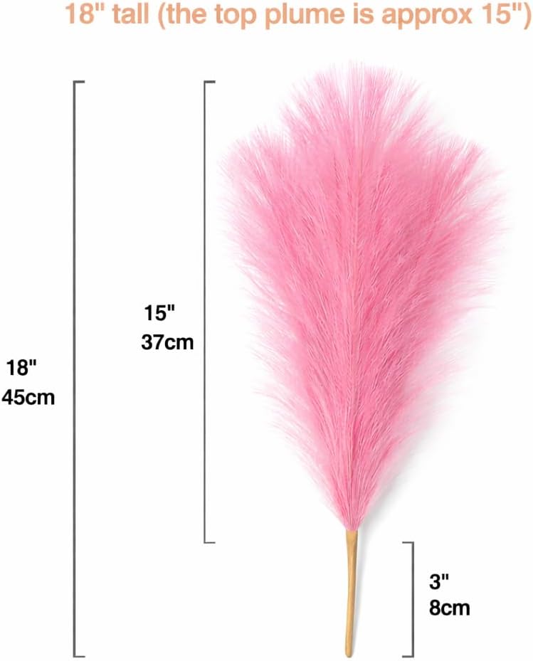 Faux Pampas Grass, 6 Stems Artificial Pampas Grass Decor Flurry Pompous Grass for Small Vase Boho Home Decor/Wedding Arrangements/Rustic Decor 18''/45cm (Pink, 18 in)