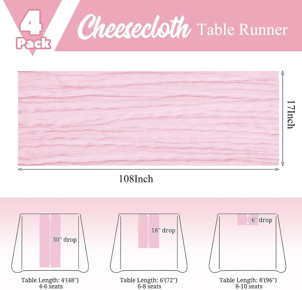 4 Pack Pink Table Runner 17 x 108inch Cheesecloth Table Runner Boho Gauze Table Runners Romantic Rustic Sheer Fabric Cheese Cloth Table Runners for Wedding Party Bridal Shower Table Decor(Light Pink)