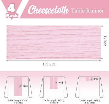 4 Pack Pink Table Runner 17 x 108inch Cheesecloth Table Runner Boho Gauze Table Runners Romantic Rustic Sheer Fabric Cheese Cloth Table Runners for Wedding Party Bridal Shower Table Decor(Light Pink)