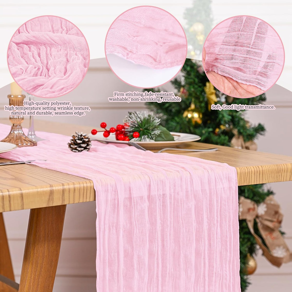 4 Pack Pink Table Runner 17 x 108inch Cheesecloth Table Runner Boho Gauze Table Runners Romantic Rustic Sheer Fabric Cheese Cloth Table Runners for Wedding Party Bridal Shower Table Decor(Light Pink)