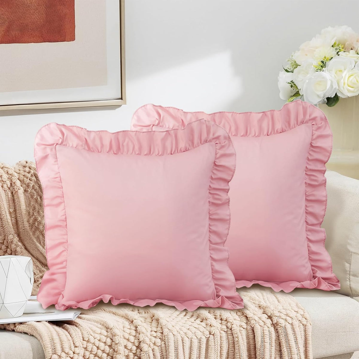 2 Pack Pink Ruffle Throw Pillow Covers 20" x 20"