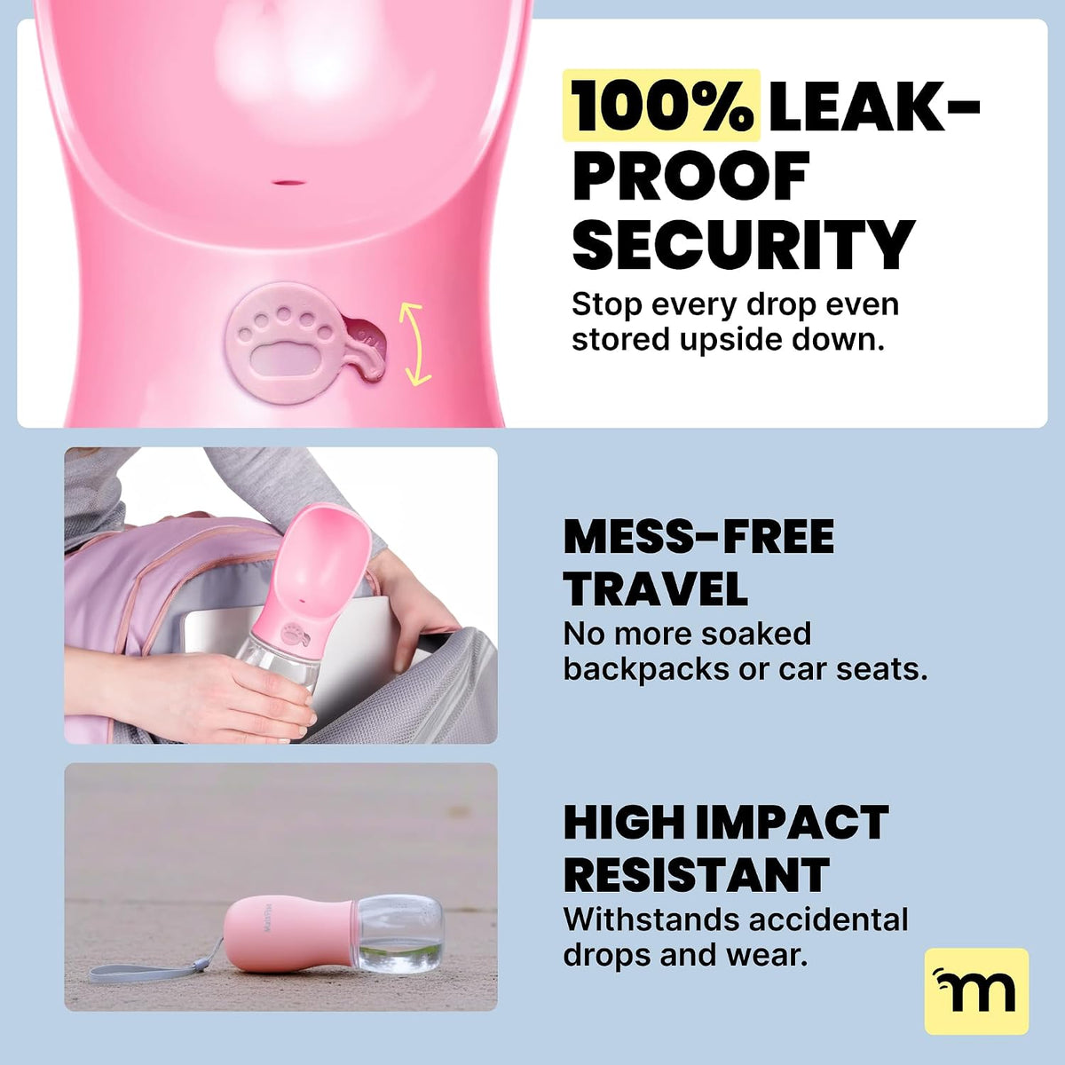 On the Go Dog Water Bottle - 12 oz Pink, Leak-Proof