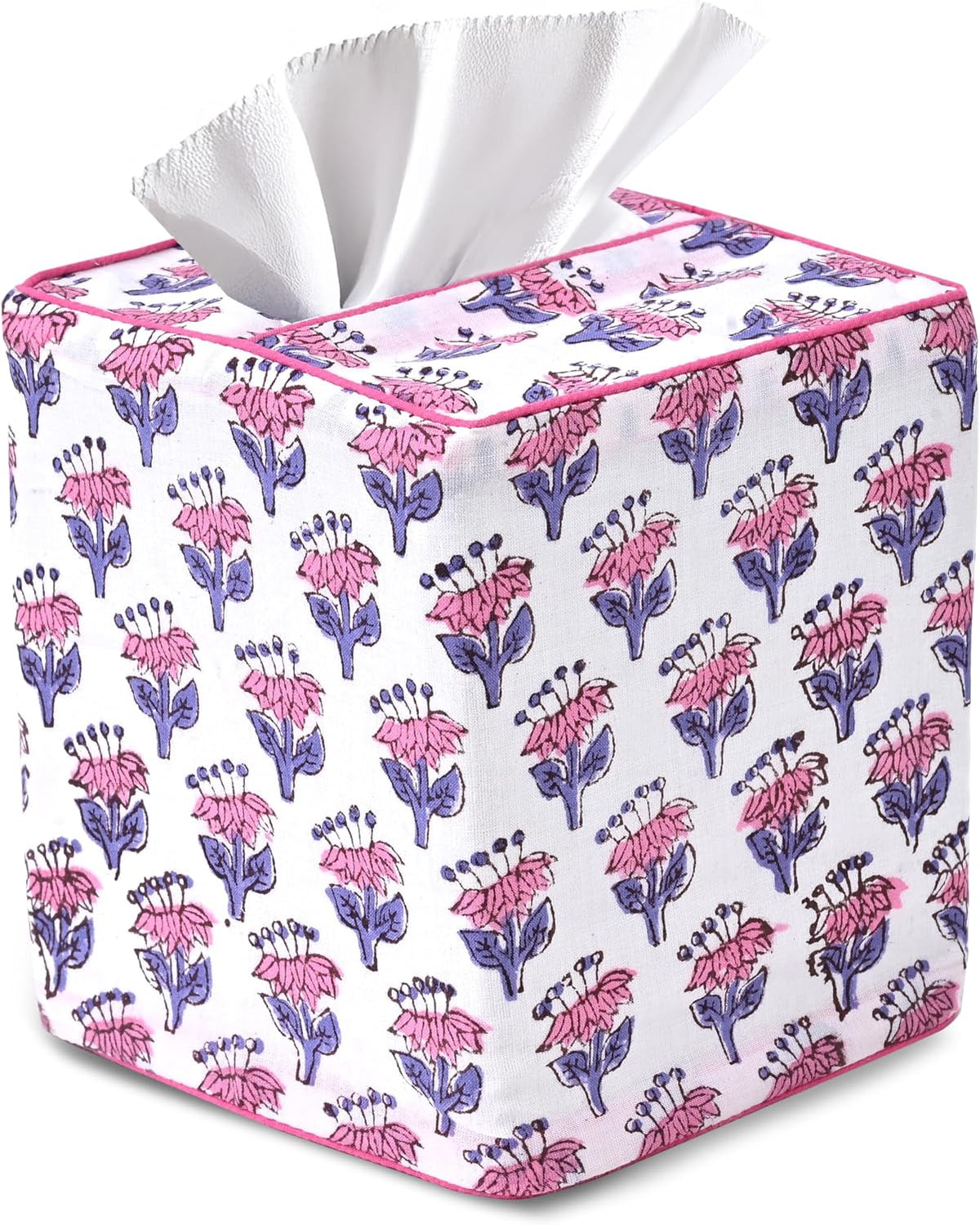 CPC Pink Sapphire Block Print Cotton Tissue Box Cover 5" x 5" x 5.5" Inch