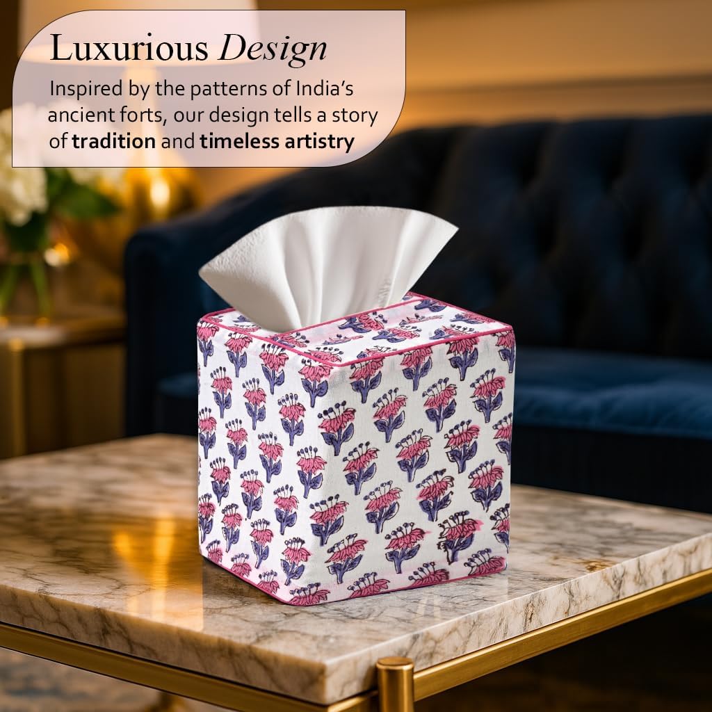 CPC Pink Sapphire Block Print Cotton Tissue Box Cover 5" x 5" x 5.5" Inch