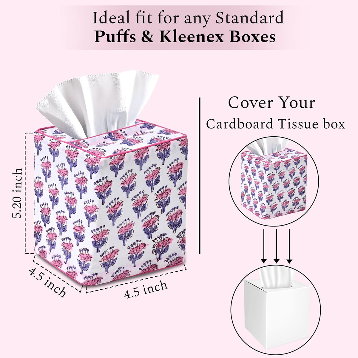 CPC Pink Sapphire Block Print Cotton Tissue Box Cover 5" x 5" x 5.5" Inch