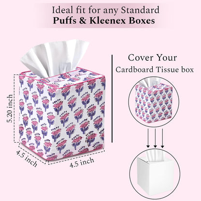 CPC Pink Sapphire Block Print Cotton Tissue Box Cover 5" x 5" x 5.5" Inch