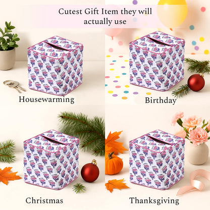 CPC Pink Sapphire Block Print Cotton Tissue Box Cover 5" x 5" x 5.5" Inch