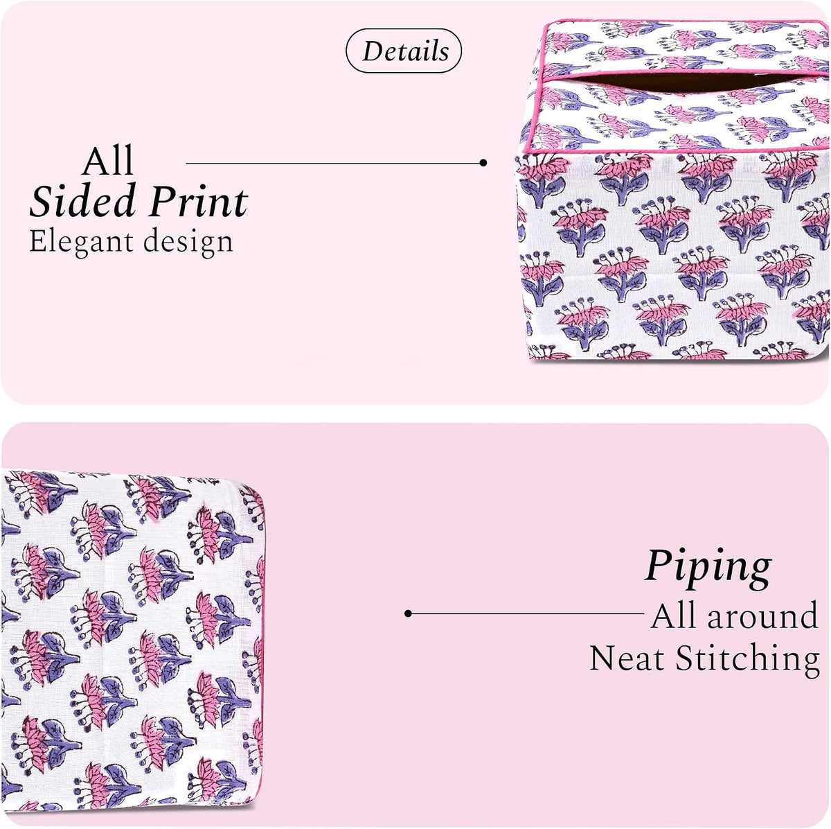 CPC Pink Sapphire Block Print Cotton Tissue Box Cover 5" x 5" x 5.5" Inch