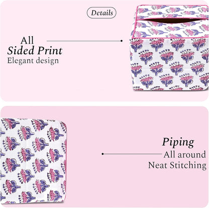 CPC Pink Sapphire Block Print Cotton Tissue Box Cover 5" x 5" x 5.5" Inch