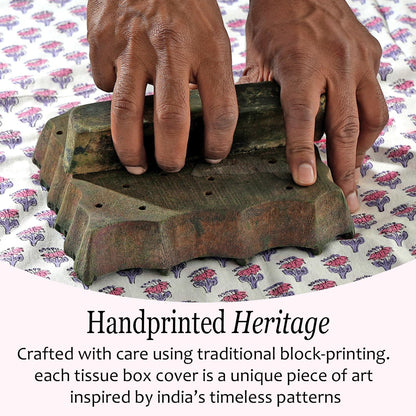 CPC Pink Sapphire Block Print Cotton Tissue Box Cover 5" x 5" x 5.5" Inch
