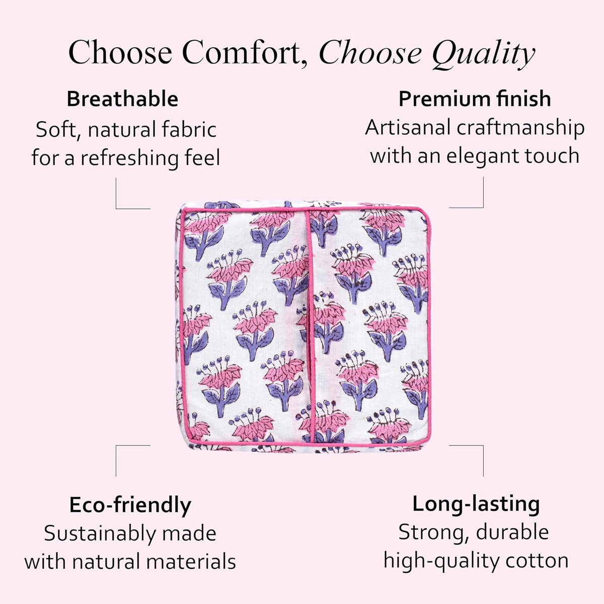 CPC Pink Sapphire Block Print Cotton Tissue Box Cover 5" x 5" x 5.5" Inch