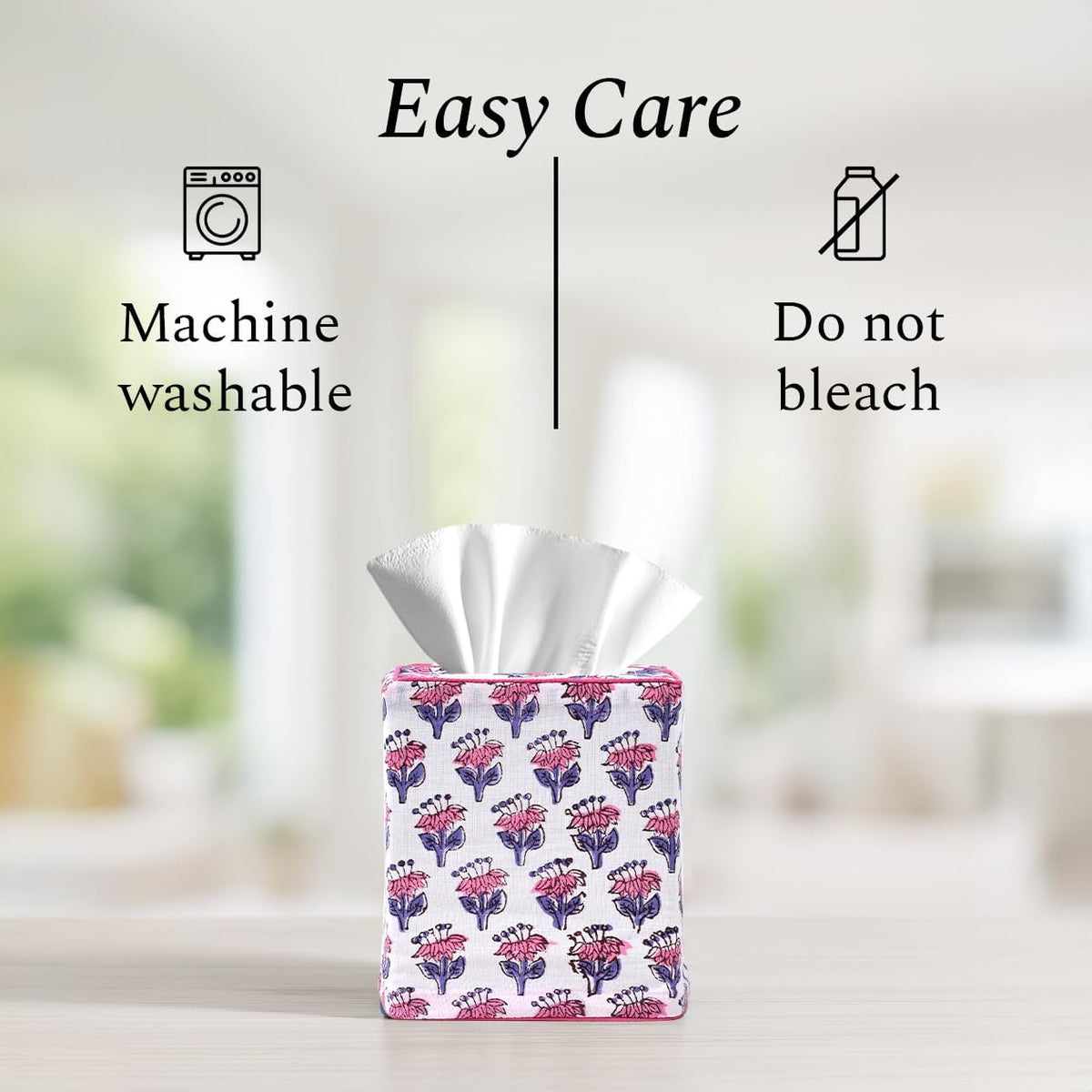 CPC Pink Sapphire Block Print Cotton Tissue Box Cover 5" x 5" x 5.5" Inch