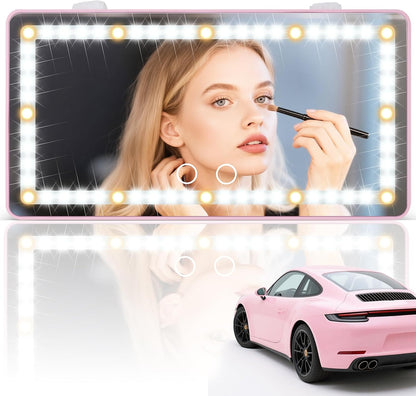 Car Sun Visor Vanity Mirror - Rechargeable Makeup Mirror with 60 LEDs, 3 Light Modes & Dimmable Touch Control for Cars, Trucks, SUVs, Car Interior Accessories for Women (Pink)