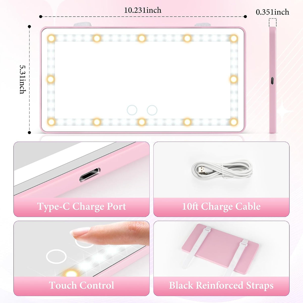 Car Sun Visor Vanity Mirror - Rechargeable Makeup Mirror with 60 LEDs, 3 Light Modes & Dimmable Touch Control for Cars, Trucks, SUVs, Car Interior Accessories for Women (Pink)