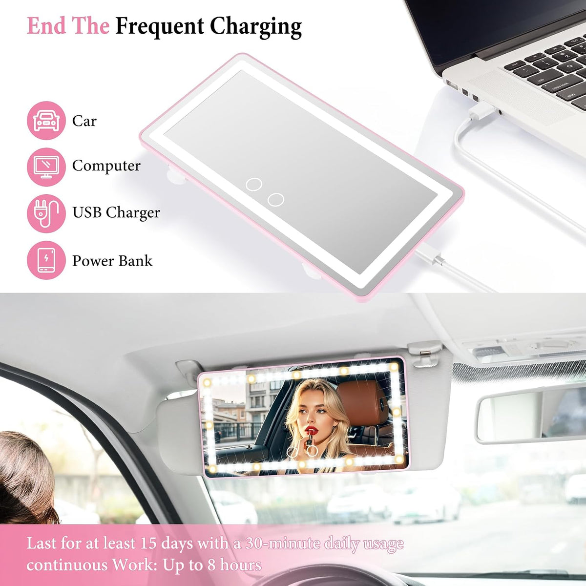 Car Sun Visor Vanity Mirror - Rechargeable Makeup Mirror with 60 LEDs, 3 Light Modes & Dimmable Touch Control for Cars, Trucks, SUVs, Car Interior Accessories for Women (Pink)
