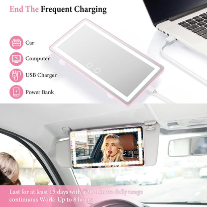Car Sun Visor Vanity Mirror - Rechargeable Makeup Mirror with 60 LEDs, 3 Light Modes & Dimmable Touch Control for Cars, Trucks, SUVs, Car Interior Accessories for Women (Pink)