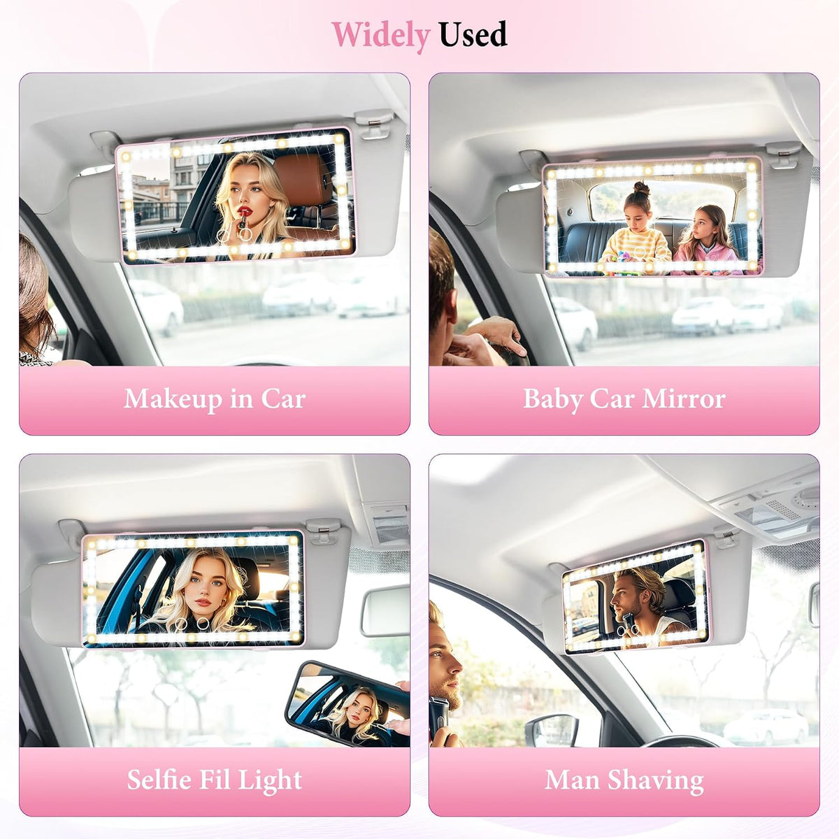 Car Sun Visor Vanity Mirror - Rechargeable Makeup Mirror with 60 LEDs, 3 Light Modes & Dimmable Touch Control for Cars, Trucks, SUVs, Car Interior Accessories for Women (Pink)