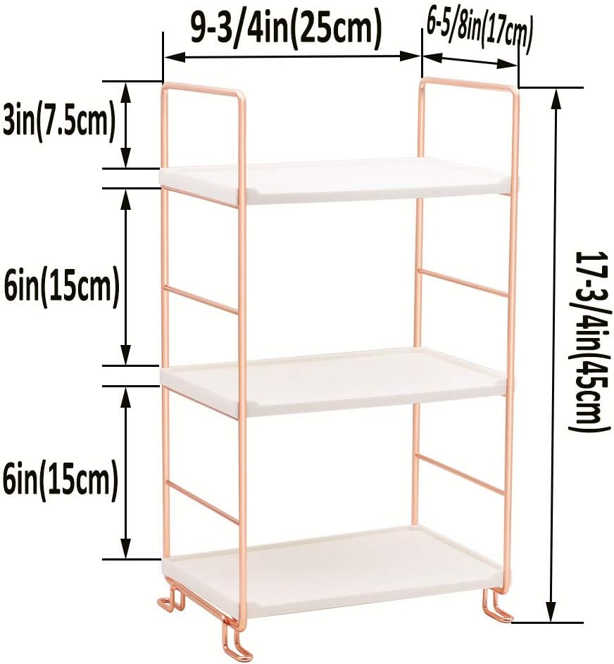 Plastic/Metal Freestanding Stackable Organizer Shelf,Bathroom Countertop Storage Shelf Cosmetic Organizer Holder Kitchen Spice Rack,3-Tier Standing Rack (Rose Gold)