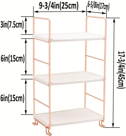 Plastic/Metal Freestanding Stackable Organizer Shelf,Bathroom Countertop Storage Shelf Cosmetic Organizer Holder Kitchen Spice Rack,3-Tier Standing Rack (Rose Gold)
