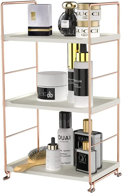 Plastic/Metal Freestanding Stackable Organizer Shelf,Bathroom Countertop Storage Shelf Cosmetic Organizer Holder Kitchen Spice Rack,3-Tier Standing Rack (Rose Gold)