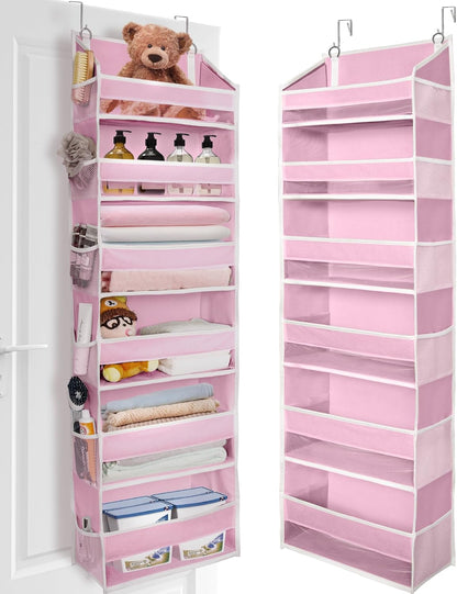 Over The Door Organizer with 6 Large Pockets 12 Side Pockets, 50lbs Weight Capacity Door Hanging Storage Organizer for Bedroom, Bathroom, Pantry, Nursery Storage, Pink