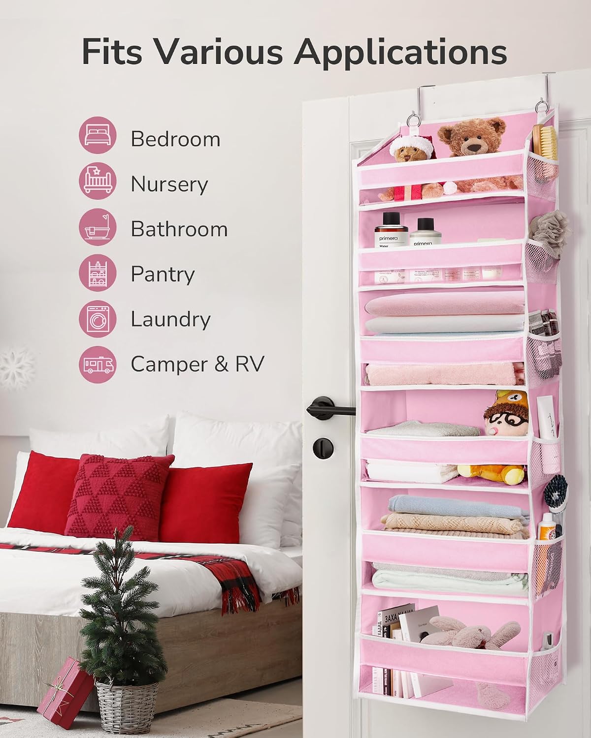 Over The Door Organizer with 6 Large Pockets 12 Side Pockets, 50lbs Weight Capacity Door Hanging Storage Organizer for Bedroom, Bathroom, Pantry, Nursery Storage, Pink