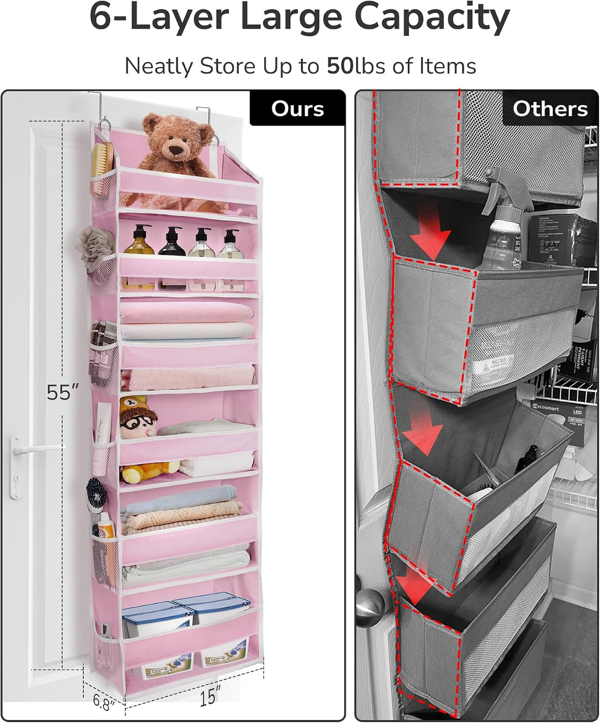 Over The Door Organizer with 6 Large Pockets 12 Side Pockets, 50lbs Weight Capacity Door Hanging Storage Organizer for Bedroom, Bathroom, Pantry, Nursery Storage, Pink