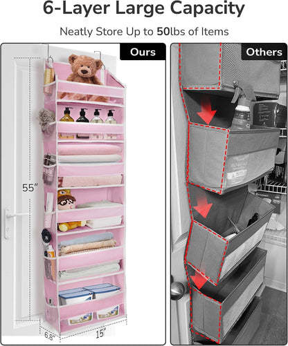 Over The Door Organizer with 6 Large Pockets 12 Side Pockets, 50lbs Weight Capacity Door Hanging Storage Organizer for Bedroom, Bathroom, Pantry, Nursery Storage, Pink