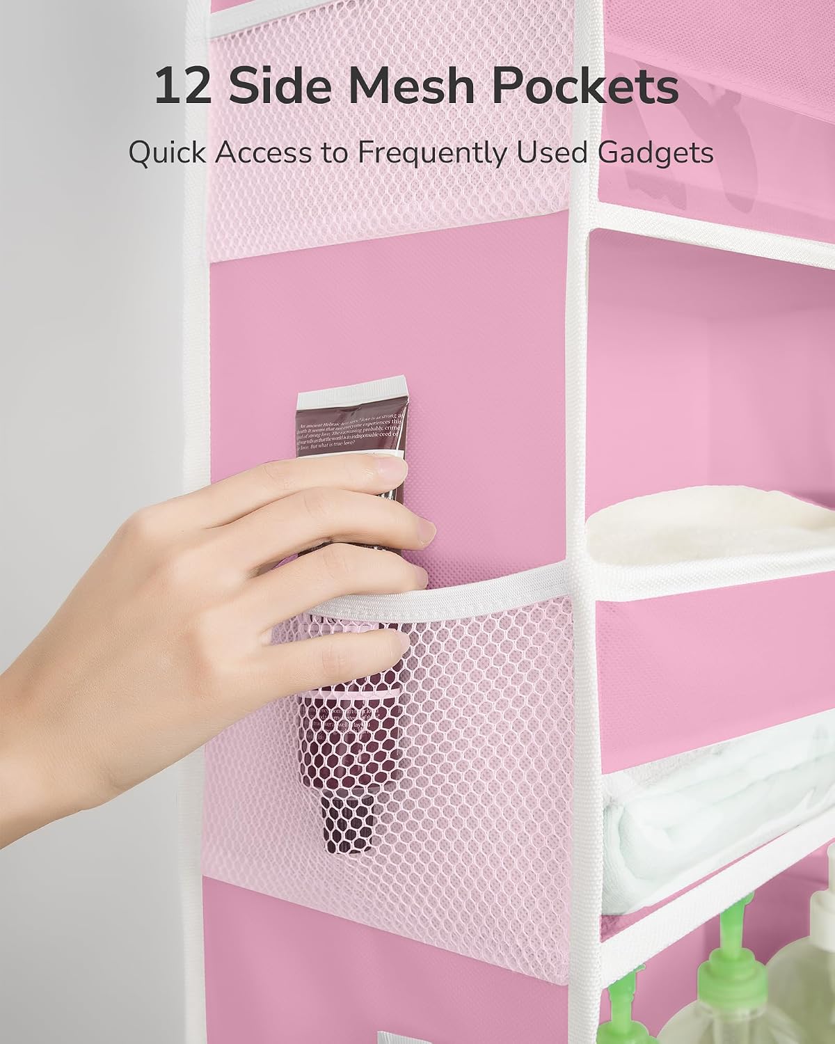 Over The Door Organizer with 6 Large Pockets 12 Side Pockets, 50lbs Weight Capacity Door Hanging Storage Organizer for Bedroom, Bathroom, Pantry, Nursery Storage, Pink