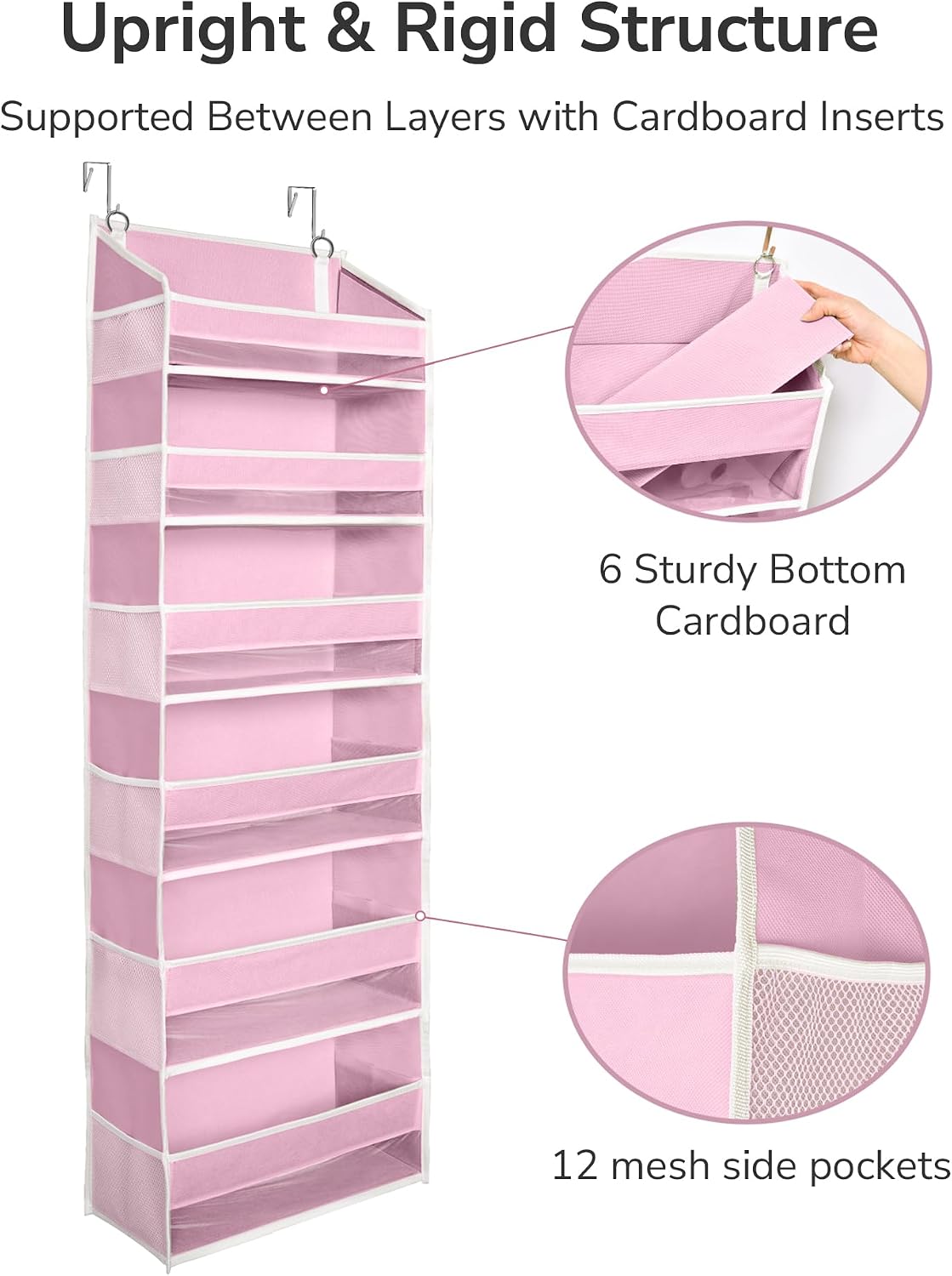 Over The Door Organizer with 6 Large Pockets 12 Side Pockets, 50lbs Weight Capacity Door Hanging Storage Organizer for Bedroom, Bathroom, Pantry, Nursery Storage, Pink