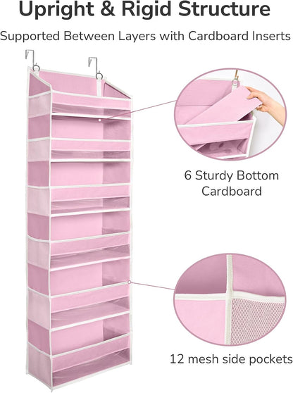 Over The Door Organizer with 6 Large Pockets 12 Side Pockets, 50lbs Weight Capacity Door Hanging Storage Organizer for Bedroom, Bathroom, Pantry, Nursery Storage, Pink
