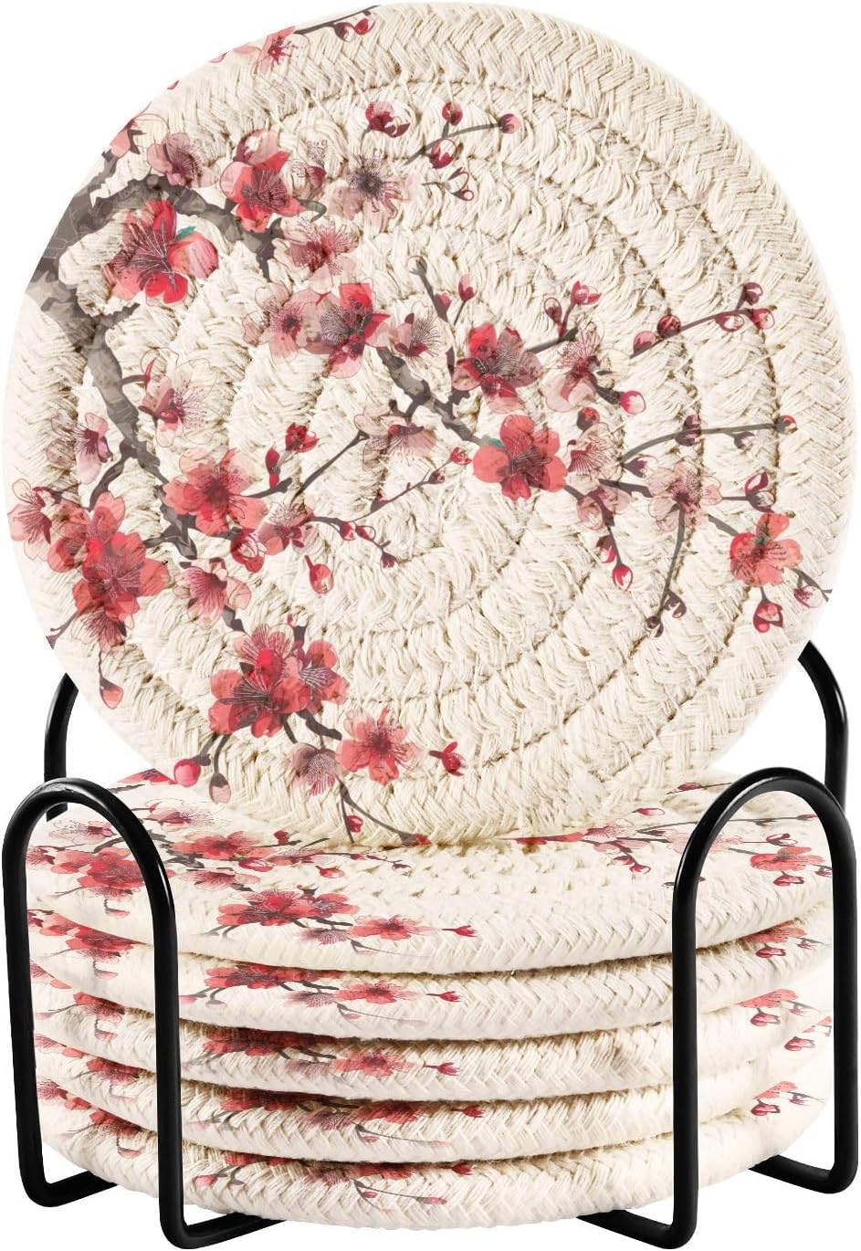 Cherry Blossom Red & Pink Coasters Set of 6 Absorbent Drink Coaster with Holder for Cup Coffee Table Home Decor 3.94 Inch