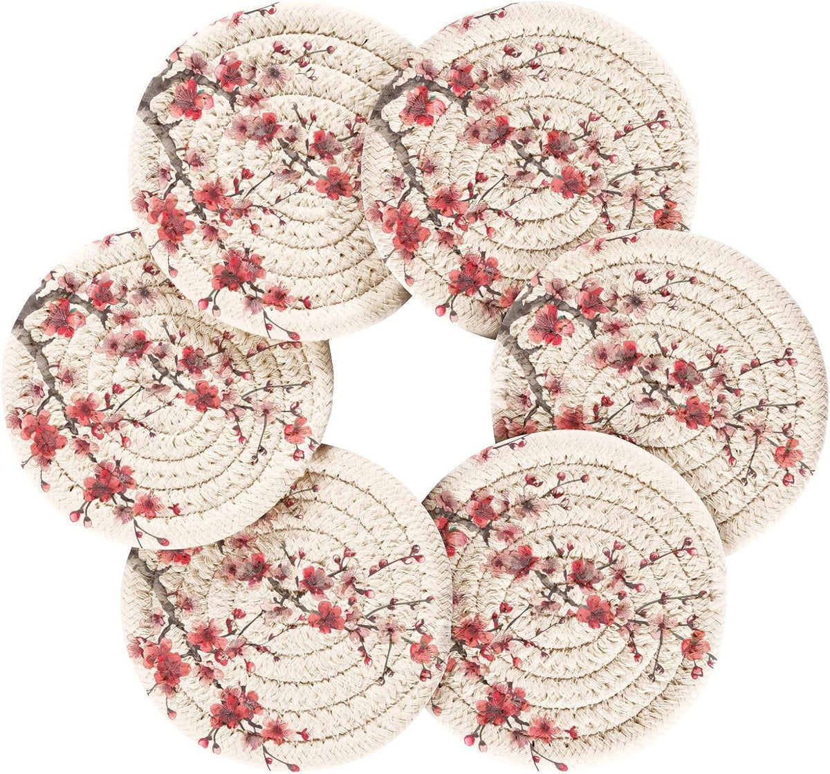 Cherry Blossom Red & Pink Coasters Set of 6 Absorbent Drink Coaster with Holder for Cup Coffee Table Home Decor 3.94 Inch