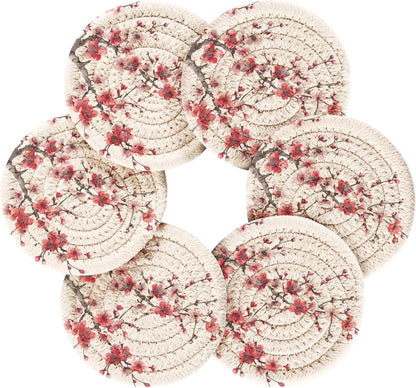 Cherry Blossom Red & Pink Coasters Set of 6 Absorbent Drink Coaster with Holder for Cup Coffee Table Home Decor 3.94 Inch