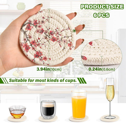 Cherry Blossom Red & Pink Coasters Set of 6 Absorbent Drink Coaster with Holder for Cup Coffee Table Home Decor 3.94 Inch
