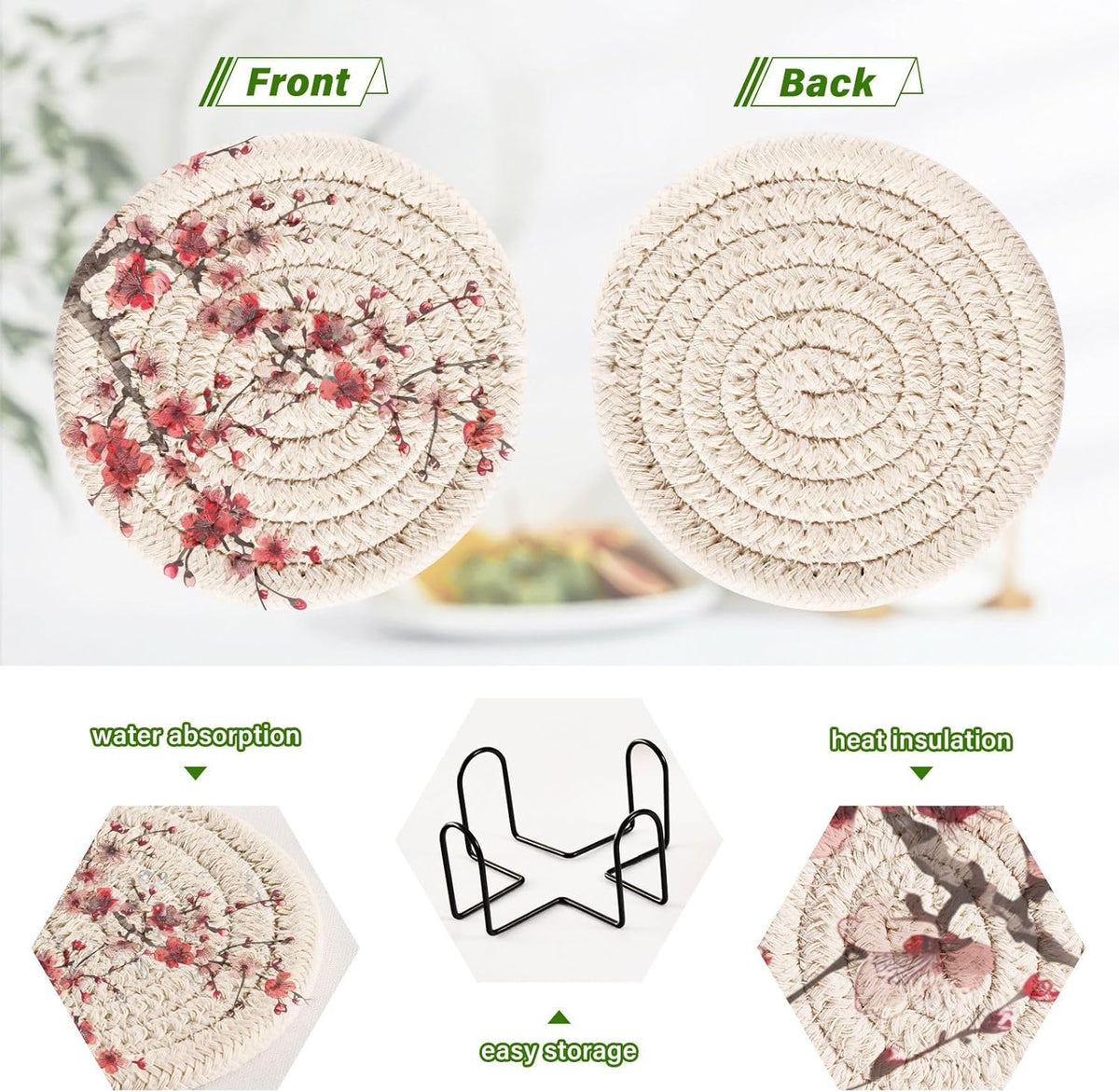 Cherry Blossom Red & Pink Coasters Set of 6 Absorbent Drink Coaster with Holder for Cup Coffee Table Home Decor 3.94 Inch