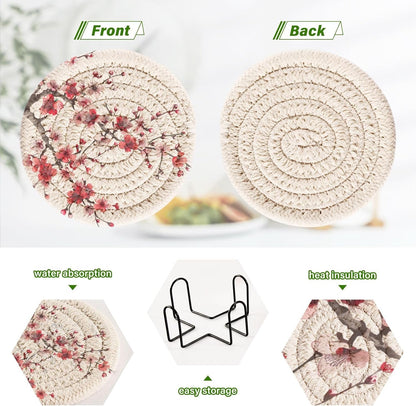 Cherry Blossom Red & Pink Coasters Set of 6 Absorbent Drink Coaster with Holder for Cup Coffee Table Home Decor 3.94 Inch
