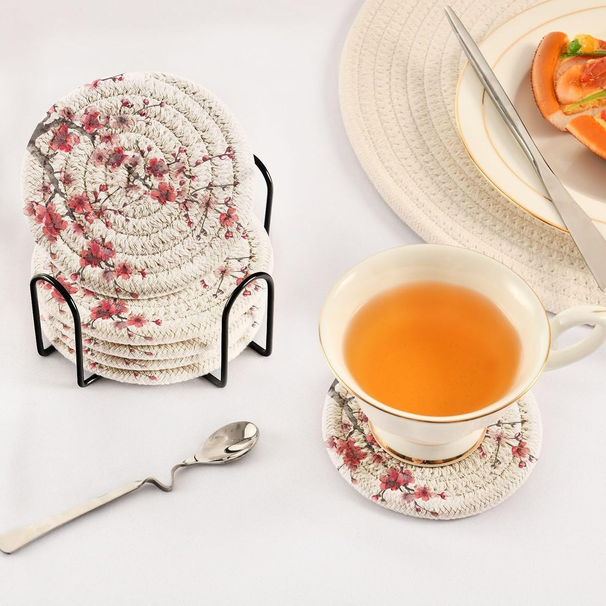 Cherry Blossom Red & Pink Coasters Set of 6 Absorbent Drink Coaster with Holder for Cup Coffee Table Home Decor 3.94 Inch