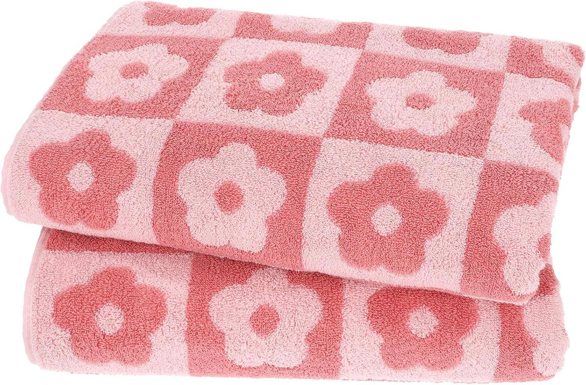 2 PCS Luxury Pink Bath Towels Checkered Floral, Pink Cute Towels for Women Girls Shower Body 27.5x55 Inches, Bathroom Decor & Pool Days, 100% Cotton Super Absorbent Shower Towels Soft (Pink)
