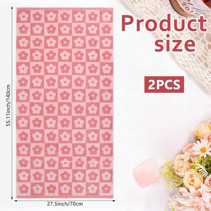 2 PCS Luxury Pink Bath Towels Checkered Floral, Pink Cute Towels for Women Girls Shower Body 27.5x55 Inches, Bathroom Decor & Pool Days, 100% Cotton Super Absorbent Shower Towels Soft (Pink)