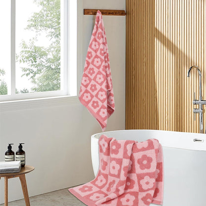 2 PCS Luxury Pink Bath Towels Checkered Floral, Pink Cute Towels for Women Girls Shower Body 27.5x55 Inches, Bathroom Decor & Pool Days, 100% Cotton Super Absorbent Shower Towels Soft (Pink)