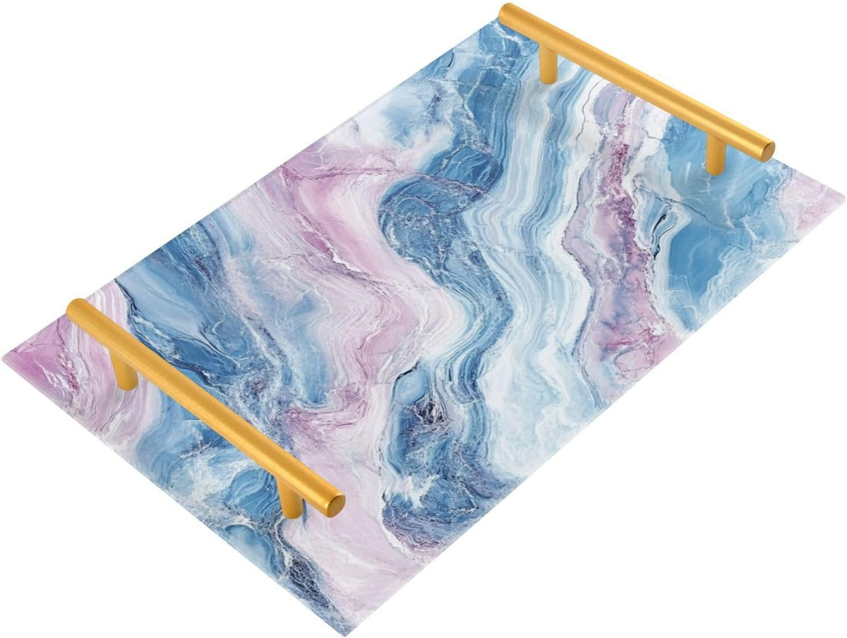 Blush and Light Blue Marble Texture Decorative Rectangle Tray with Handles Modern Serving Tray for Jewelry Perfume for Platters Serving bandejas para desayuno personalizado