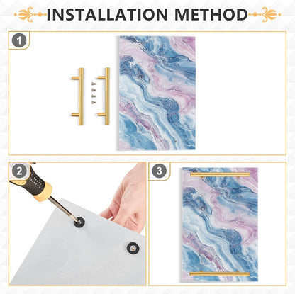Blush and Light Blue Marble Texture Decorative Rectangle Tray with Handles Modern Serving Tray for Jewelry Perfume for Platters Serving bandejas para desayuno personalizado