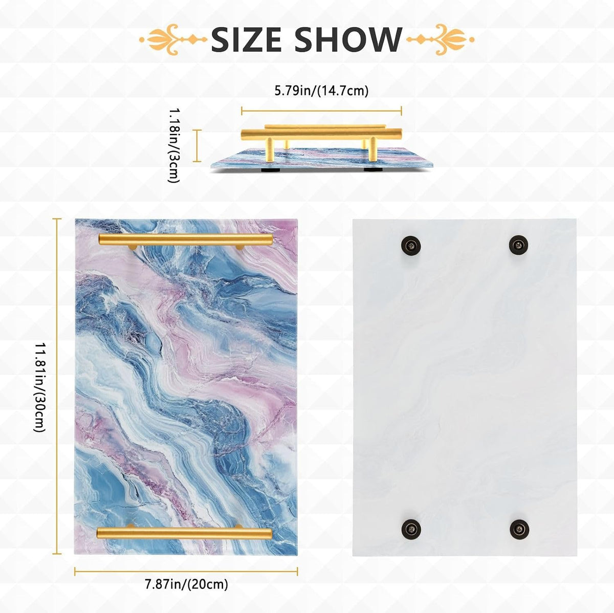 Blush and Light Blue Marble Texture Decorative Rectangle Tray with Handles Modern Serving Tray for Jewelry Perfume for Platters Serving bandejas para desayuno personalizado