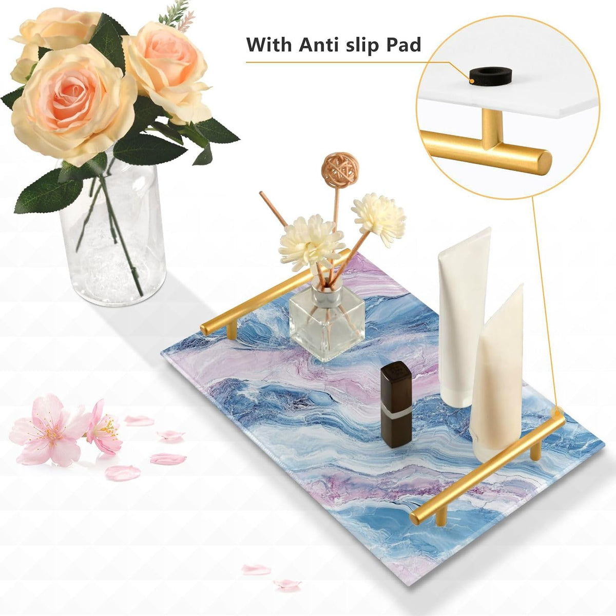Blush and Light Blue Marble Texture Decorative Rectangle Tray with Handles Modern Serving Tray for Jewelry Perfume for Platters Serving bandejas para desayuno personalizado