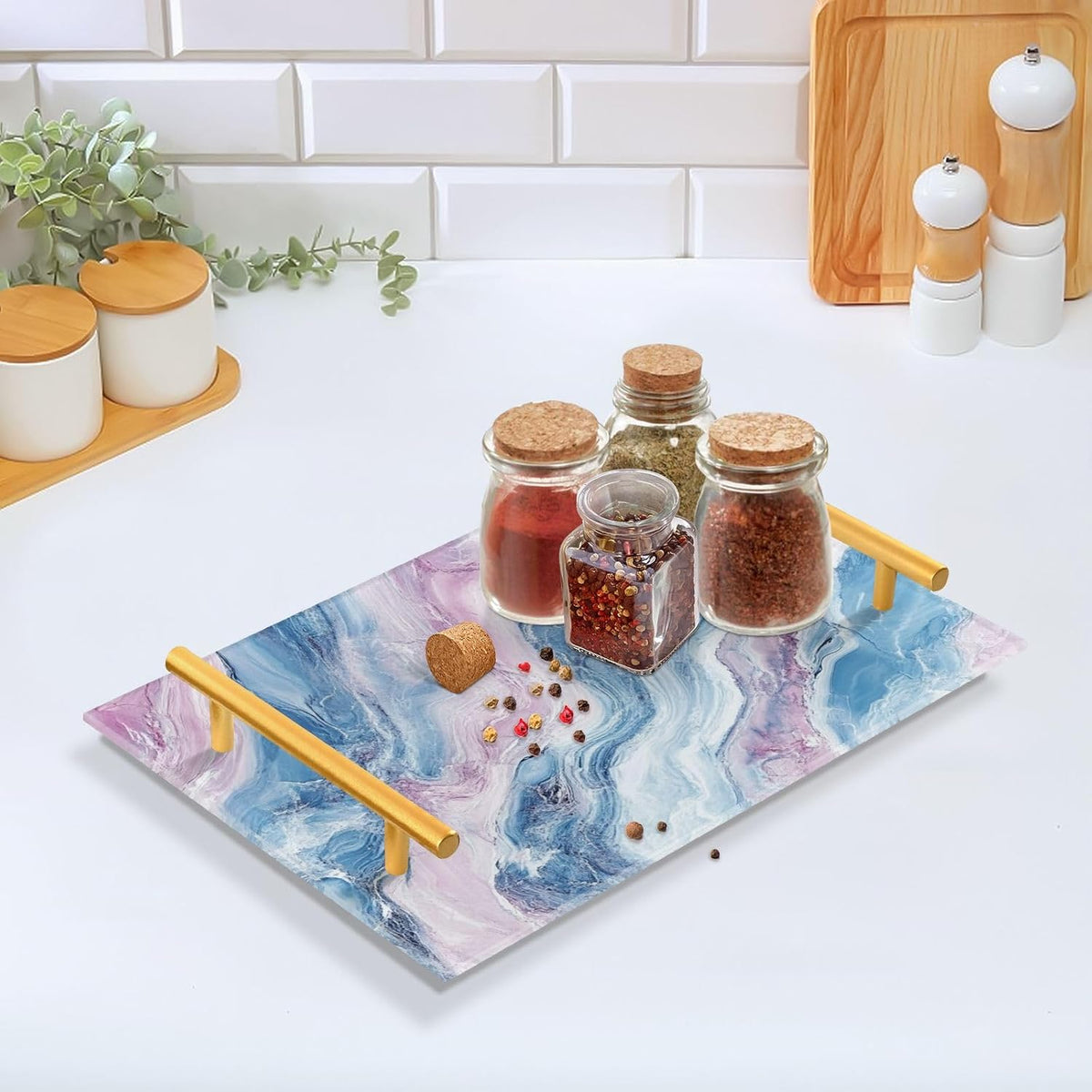 Blush and Light Blue Marble Texture Decorative Rectangle Tray with Handles Modern Serving Tray for Jewelry Perfume for Platters Serving bandejas para desayuno personalizado