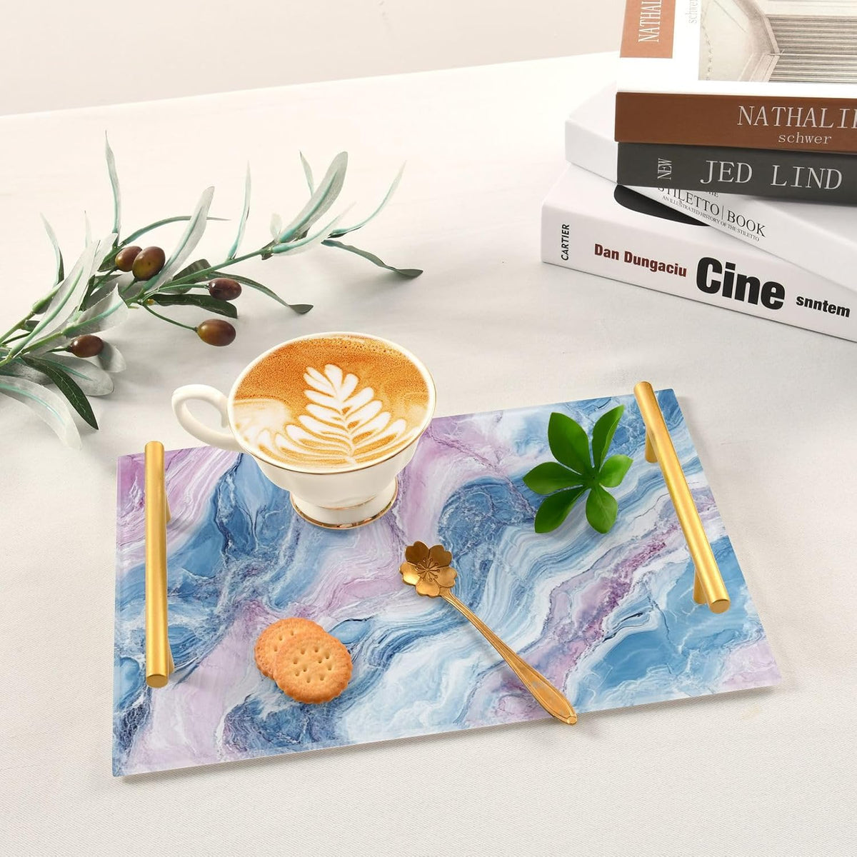 Blush and Light Blue Marble Texture Decorative Rectangle Tray with Handles Modern Serving Tray for Jewelry Perfume for Platters Serving bandejas para desayuno personalizado