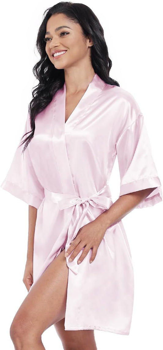 Women’s Short Satin Robes Lightweight Silky V-Neck Sleepwear Wedding Bridal Party Bride Bridesmaid Bathrobes