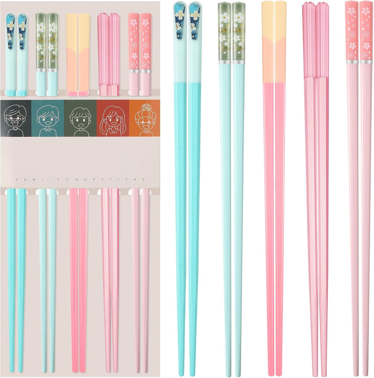 5 Pairs Reusable Chopsticks Dishwasher Safe, Fiberglass Premium Japanese Chines Korean Chopsticks for Sushi Noodles Ramen, Non-slip Chop Sticks, Lightweight, 9.6 inches- Green&Pink-E